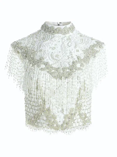 Alice And Olivia Women's Pria Beaded Fringe Lace Top In Off White