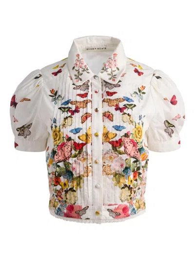 Alice And Olivia Rosie Embroidered Puff Sleeve Cropped Button Down Blouse Solar Strength Off White In Multi