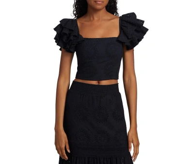 Alice And Olivia Tawny Square Neck Ruffle Crop Top In Black