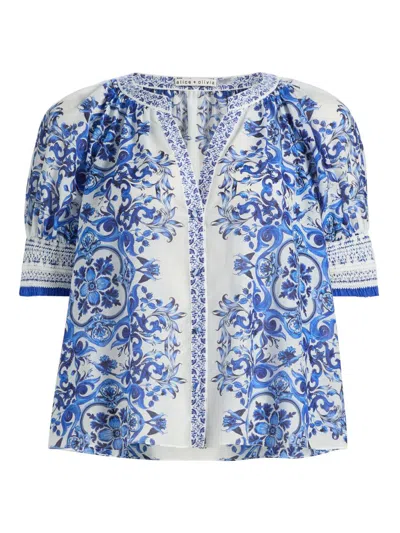 Alice And Olivia Women's Thalia Rococo Cotton-silk Puff-sleeve Blouse In Blue