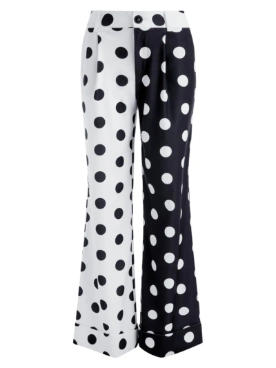 Alice And Olivia Tomasa Polka Dot Colorblock High Waist Cuff Hem Pants In Black And White