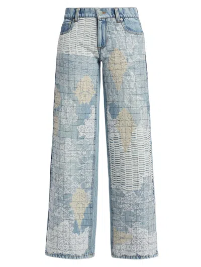 Alice And Olivia Trish Low-rise Lace-paneled Wide-leg Jeans In Blue
