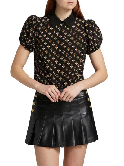 Alice And Olivia Women's Willa Embroidered Silk Short-sleeve Blouse In Black