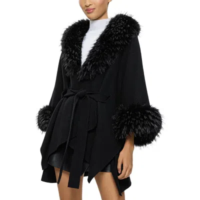 Alice And Olivia Joanne Sweater Coat With Faux Fur Trim In Black