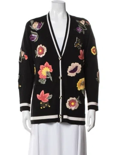 Pre-owned Alice And Olivia Wool Floral Print Sweater In Black