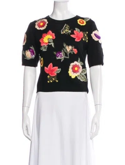Pre-owned Alice And Olivia Wool Floral Print Top In Black