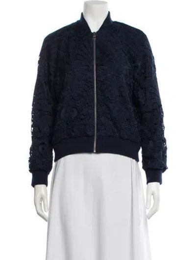 Pre-owned Alice And Olivia Wool Lace Pattern Bomber Jacket In Blue