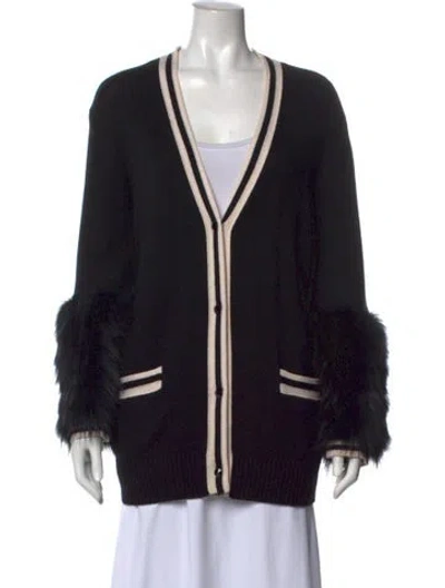 Pre-owned Alice And Olivia Wool Striped Cardigan With Textured Fur Cuffs In Black