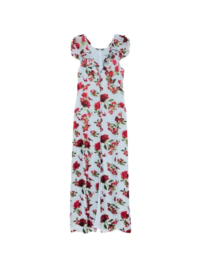 Alice And Olivia Tara Ruffle Slip Midi Dress In American Beauty Carolina Blue In Multi