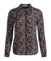 Alice And Olivia X The Beatles All You Need Is Love Willa Silk Placket Top In Black