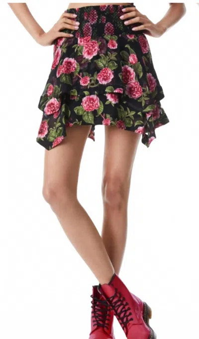 Alice And Olivia Zarya Asymmetrical Smocked Mini Skirt In Cheri Floral