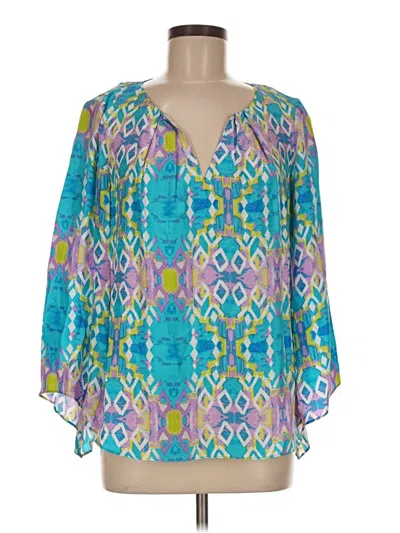 Pre-owned Alice & Trixie 3/4 Sleeve Silk Top Teal Plunge Neckline Tops