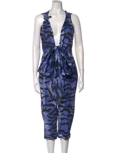 Pre-owned Alice By Temperley Printed V-neck Jumpsuit W/ Tags In Blue