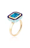 Alice Cicolini 14k And 22k Yellow Gold Silver Tile Mini Emerald Cut Ring In Swiss Blue Topaz