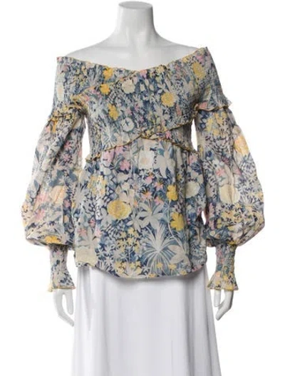 Pre-owned Alice Mccall Floral Print Off-the-shoulder Blouse In Blue
