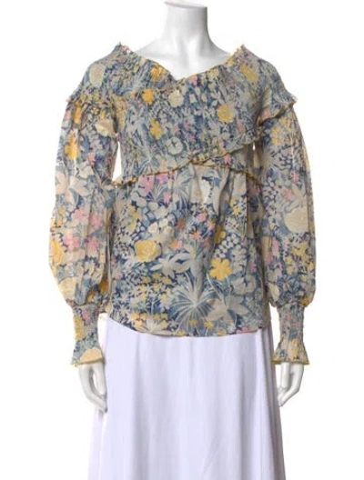 Pre-owned Alice Mccall Floral Print Off-the-shoulder Blouse In Blue