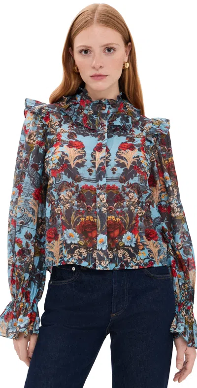 Alice + Olivia Bernice Victorian Ruffle Blouse Heartstrings Mineral Blue In Multi