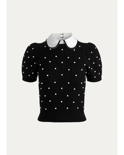 Alice + Olivia Chase Embellished Stretch-wool Puff-sleeve Sweater In Black/off White
