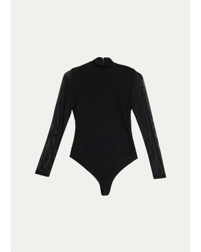 Alice + Olivia Clarinda Long-sleeve Mesh Turtleneck Bodysuit In Black