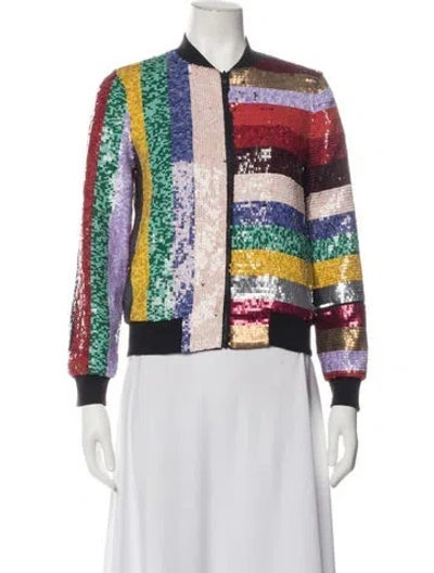 Pre-owned Alice + Olivia Colorblock Pattern Bomber Jacket In Black/purple/red