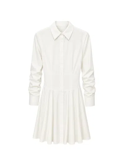 Alice + Olivia Edie Pleated Long-sleeve Mini Shirt Dress In White