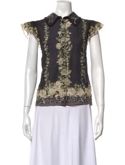Pre-owned Alice + Olivia Floral Print Short Sleeve Blouse In Black