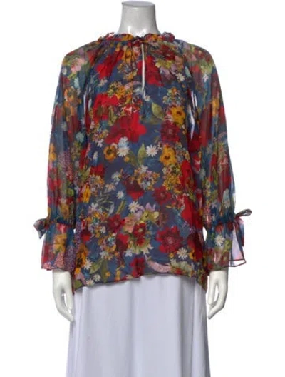 Pre-owned Alice + Olivia Floral Print Tie Neck Blouse In Blue