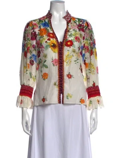 Pre-owned Alice + Olivia Floral Print V-neck Blouse In Neutrals