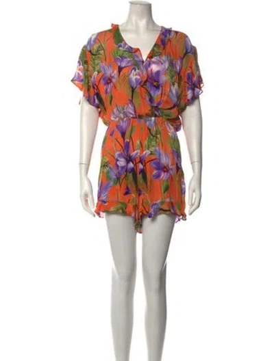 Pre-owned Alice + Olivia Floral Print V-neck Romper In Orange