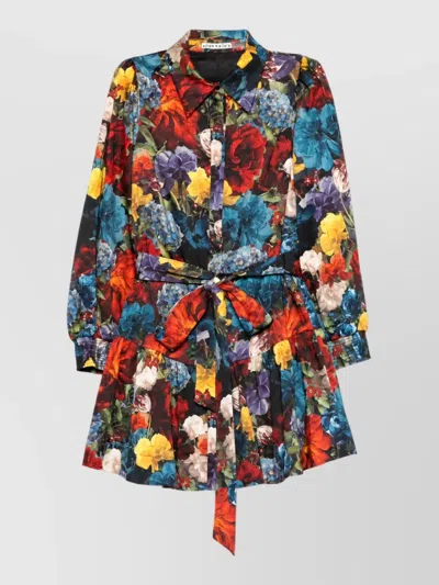 Alice + Olivia Floral-print Tie-waist Ruffle-hem Long-sleeve Mini Dress In Multi