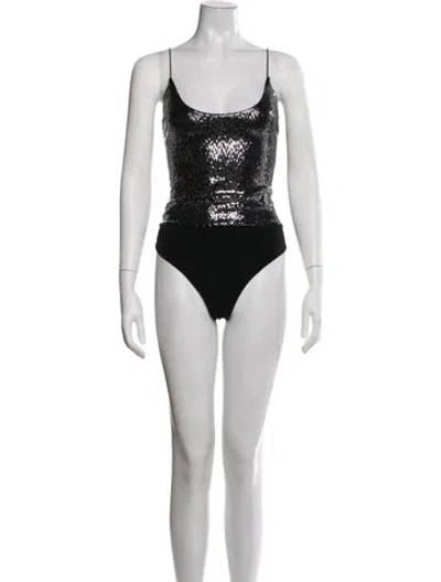 Pre-owned Alice + Olivia Graphic Print Scoop Neck Bodysuit In Silver