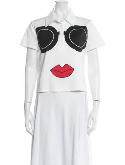 Pre-owned Alice + Olivia Graphic Print Short Sleeve Polo In White