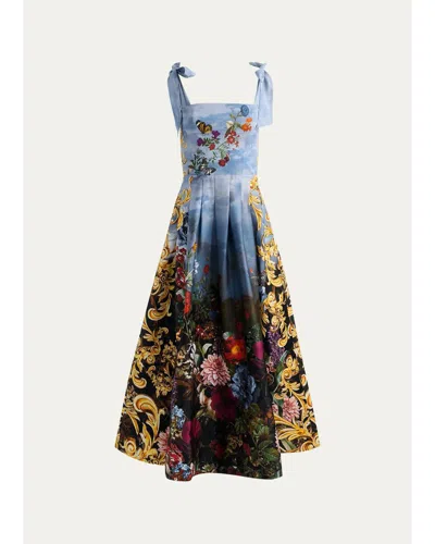 Alice + Olivia Alice And Olivia Hana Cotton Stretch Pleated Waist Bow Strap Dress In Blue