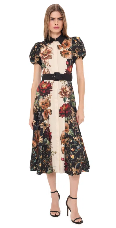 Alice + Olivia Henrietta Fitted Full Flare Belted Midi Dress Floral Radiance In Multi