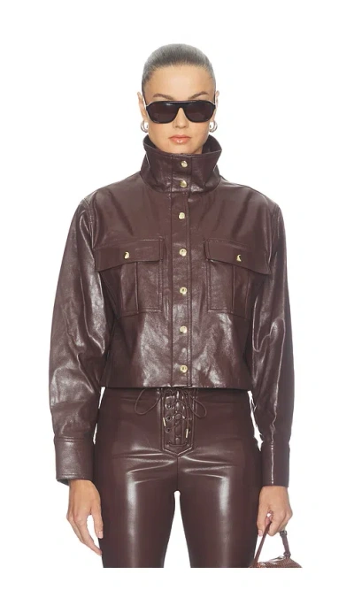 Alice + Olivia James Faux Leather Cropped Longsleeve Funnel Neck Parka In Brown