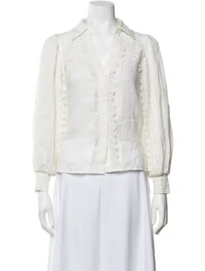 Pre-owned Alice + Olivia Linen V-neck Blouse In White