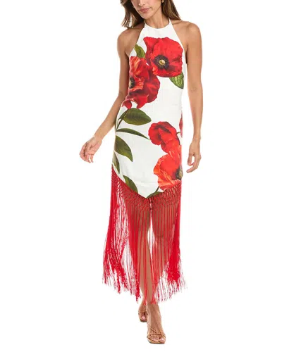 Alice + Olivia Mallory Halter Neck Fringe Hem Linen-blend Midi Dress In Red