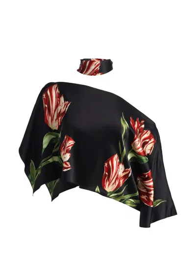 Alice + Olivia Rita Floral-print Draped Top In Black