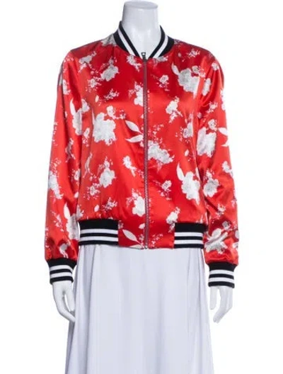 Pre-owned Alice + Olivia Silk Floral Print Bomber Jacket In Red