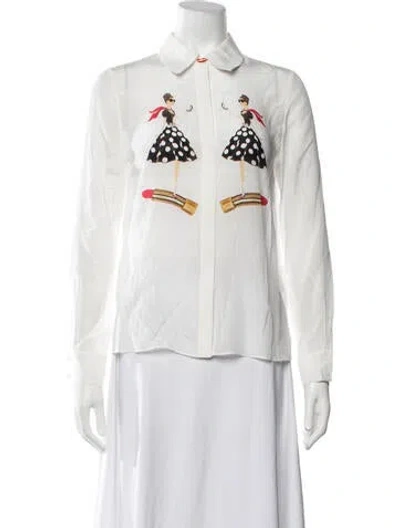 Pre-owned Alice + Olivia Silk Graphic Print Blouse In White
