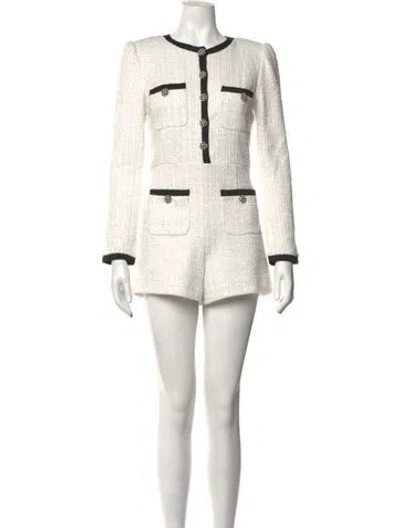 Pre-owned Alice + Olivia Tweed Pattern Crew Neck Romper In White