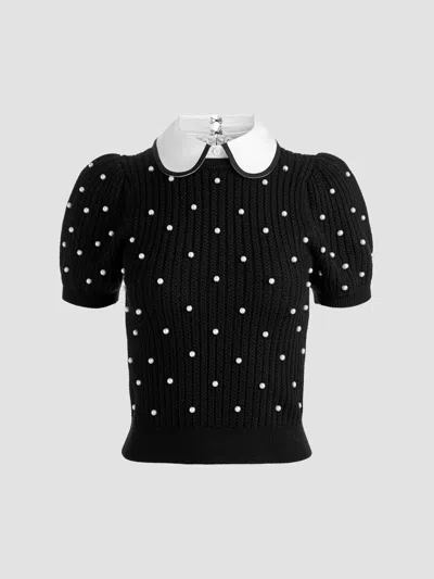 Alice + Olivia Women's Chase Embellished Stretch-wool Puff-sleeve Sweater In Black Soft White