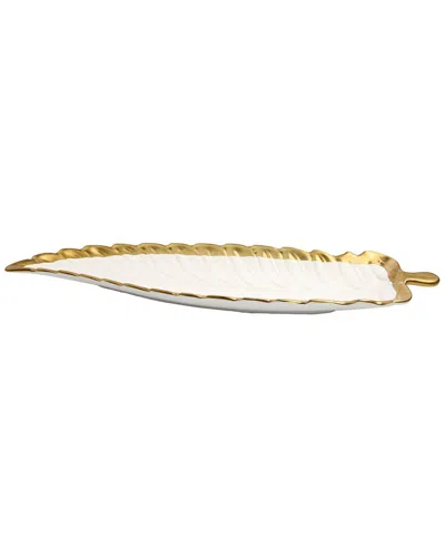 Alice Pazkus 18.25in Gold White Porcelain Leaf Dish With Gold Rim
