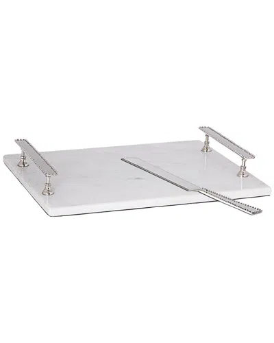 Alice Pazkus Marble Tray With Beaded Handles In Silver