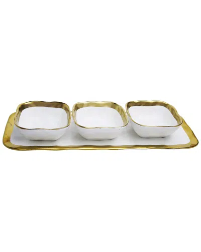 Alice Pazkus Porcelain Relish Dish With 3 Square Bowls With Trim In White