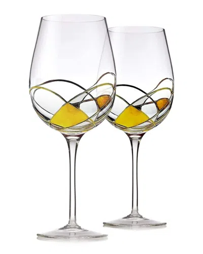 Alice Pazkus Set Of 2 Wine Glasses With Colored Mosaic Design In Transparent