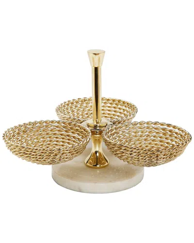 Alice Pazkus Triple Bowl Relish Dish With Rope Design & Marble Base In Gold