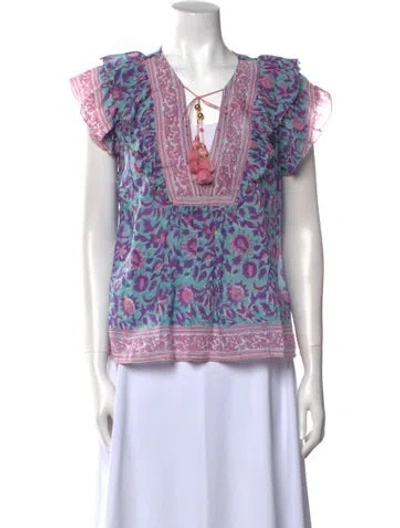 Pre-owned Alicia Bell Printed Tie Neck Top W/ Tags In Purple
