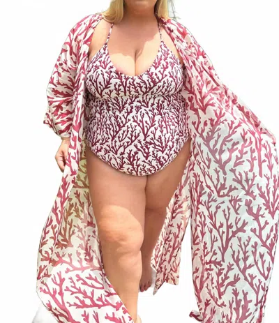 Alicia Swim Long Kimono Cover-up - Plus In Deep Coral In Multi