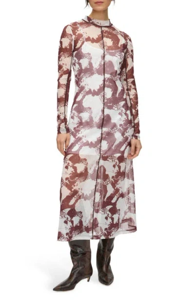 Aligne Starla Abstract Print Long Sleeve Mesh Dress In Brown